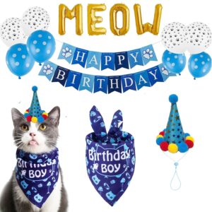 TCBOYING Cat Birthday Bandana, Cat Birthday Boy Girl Hat Scarfs Flag Balloon with Cute Doggie Birthday Party Supplies Decorations