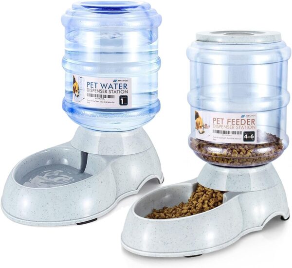 Flexzion Gravity Pet Food Water Feeder Dispenser Bundle Set (Small) for Dogs Cats Automatic Replenish Waterer Dry Food Storage Container Bowl, Small Medium Dog Cat Feeding Watering Fountain Supplies