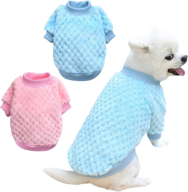 2 Pieces Winter Warm Puppy Clothes Fleece Pet Sweater Soft Coral Fleece Pet Clothes Pet Supplies Cat Outfit Cute Pullover for Small to Medium Pets (Large, Pink/Blue)