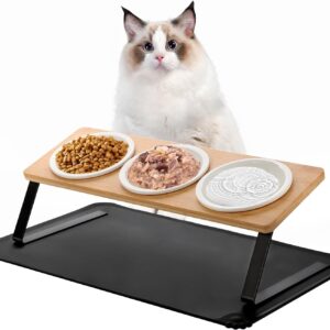 Otoomenz 3PCS Cat Bowl, Ceramic Cat Food Bowls With 15° Tilted Wood Stand,Raised Cat Bowls for Food and Water, Bamboo Cat Feeding Station with Cat Food Mat for Cats and Puppy