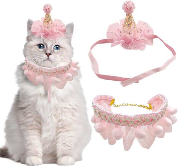 otuiaim Decorative Set [ Hat + Scarf ] for Pets, Cute Lace Party Supplies for Cats Dogs, Decorations Set Scarfs Hats Bandana Bib Crown, Pink Princess Dresses Gifts for Birthday Festival Christmas