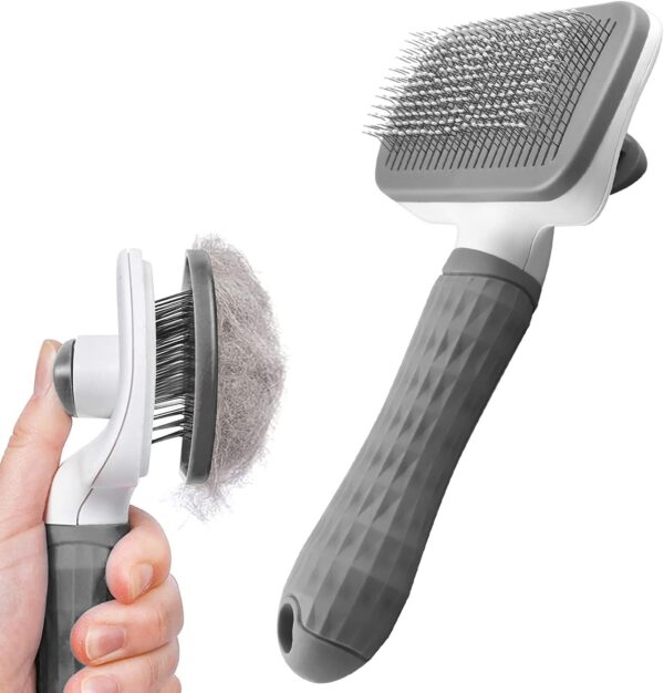 Dog Brush Cat Brush Grooming Comb,Self Cleaning Cat Dog Slicker Brushes with Smooth handle,Pet Grooming Tool with Cleaning Button for Cat Dog Shedding Brush Cat Dog Massage Clean Tangled Brush(Grey)