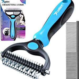 Candure Dematting Comb for Dog and Cat, Pet Grooming Rake and Brushes for Small, Medium & Large Dogs 17+9 Double Sided Deshedding Tool Removes Knots and Tangled Hair (Blue)