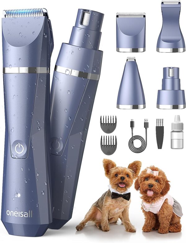 oneisall Dog Clippers Grooming Kit 4 in 1, Quite Cordless Dog Paw Trimmer & Nail Grinders & Small Dog Trimmer for Grooming, Pet Clippers Shaver Trimmer for Small Dogs (Blue)