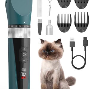 oneisall Cat Clippers for Matted Fur, 5-Speed Quiet Cordless Cat Grooming Clippers for Long Hair,IPX6 Waterproof Pet Clippers Trimmer Shaver for Dogs Cats Animals (Green)