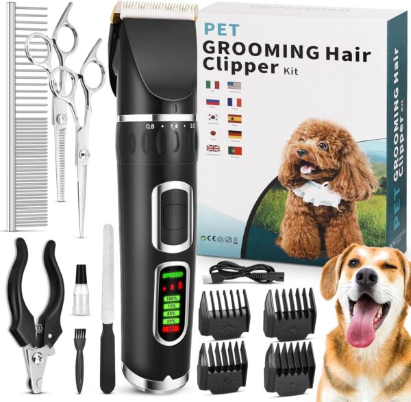 Dog Clippers, Rechargeable Cordless Dog Grooming Kit, 3-Speed Low Noise Pet Grooming Kit for Dog Cat and Other Pets (Black)