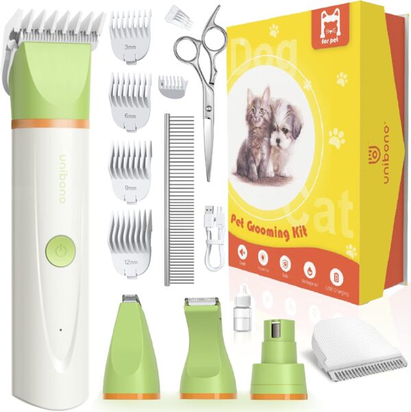 Unibono Dog Grooming Clipper Kit, Rechargeable Pet Clipper for Dogs & Cats, Strong but Quiet for Paws, Eyes, Ears, Face with Grooming Scissors Comb, Green