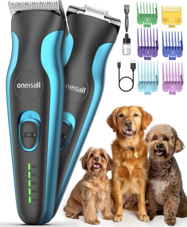 oneisall Dog Clippers and Paw Trimmer Dual Blade Kit, Cordless Dog Grooming Kit with Stainless Steel Blade, Low Noise 2-Speed Dog Grooming Clippers for Small Large Thick Hair Dogs