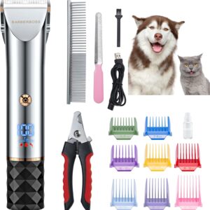 BarberBoss Professional Dog Grooming Kit - Low Noise Pet Clipper with 2 Speed Settings, Ceramic Blades, USB Charging, LED Display and 8 Comb Attachments, QR-9081