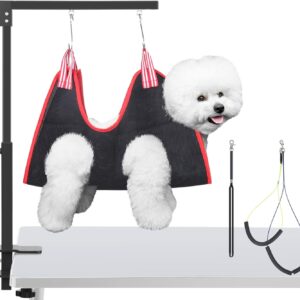 HIDOG Dog Grooming Arm with Clamp, Adjustable Dog Grooming Table Arm with Two No Sit Haunch Holder & Hammock Harness, Foldable Pet Grooming Supplies for Small Medium Dogs