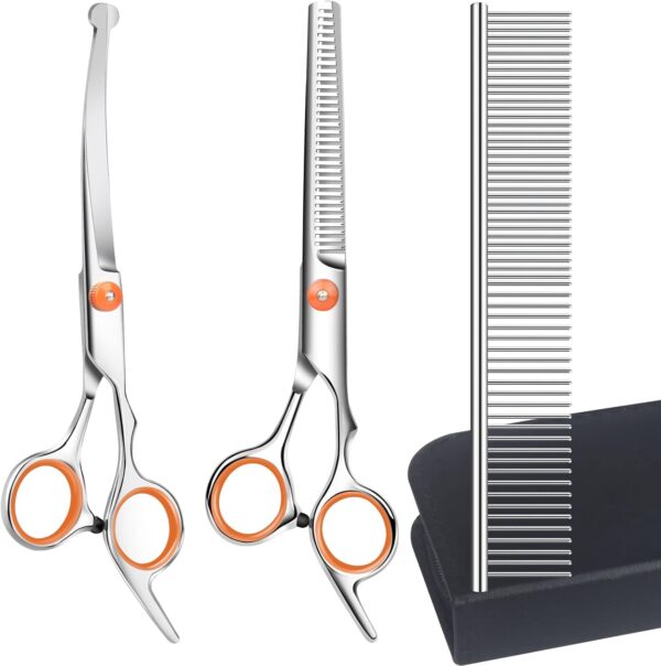 Dog Grooming Scissors Set, 3 Pieces Stainless Steel Pet Grooming Scissors with Safety Round Tip, Grooming Shears Set with 7.3'' Thinning Shear, Curved Scissors, Grooming Comb