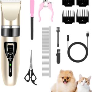 Eojjoisee® Dog Grooming Kit, Dog Grooming Clippers for Thick Hair，Rechargeable Cordless Pet Grooming Kit，High Power Dog Clippers for Dogs, Cats and Other Pets (Gold) (Gold)