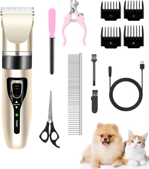 Eojjoisee® Dog Grooming Kit, Dog Grooming Clippers for Thick Hair，Rechargeable Cordless Pet Grooming Kit，High Power Dog Clippers for Dogs, Cats and Other Pets (Gold) (Gold)