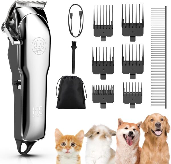 Kriogor Dog Clippers Professional for Thick Hair LED Power Display, Low Noise Cordless Dog Grooming Clipper Rechargable Pet Shaver Trimmer with Sharp Blade/6 Guide Combs for Dogs Cats