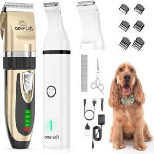 oneisall Dog Clippers and Dog Paw Trimmer 2 in 1 Kit,Cordless Low Noise Dog Grooming Kit, Pet Clippers Shaver Trimmer for Dogs Cats