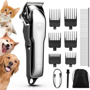 Kriogor Dog Clippers Professional for Thick Hair LCD Power Display，Low Noise Cordless Dog Grooming Clippers Sharp Stainless Steel Blade Rechargable Pet Shaver Trimmer with 6 Guide Combs for Dogs Cats