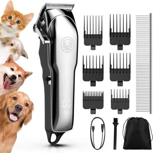 Kriogor Dog Clippers Professional for Thick Hair LCD Power Display，Low Noise Cordless Dog Grooming Clippers Sharp Stainless Steel Blade Rechargable Pet Shaver Trimmer with 6 Guide Combs for Dogs Cats