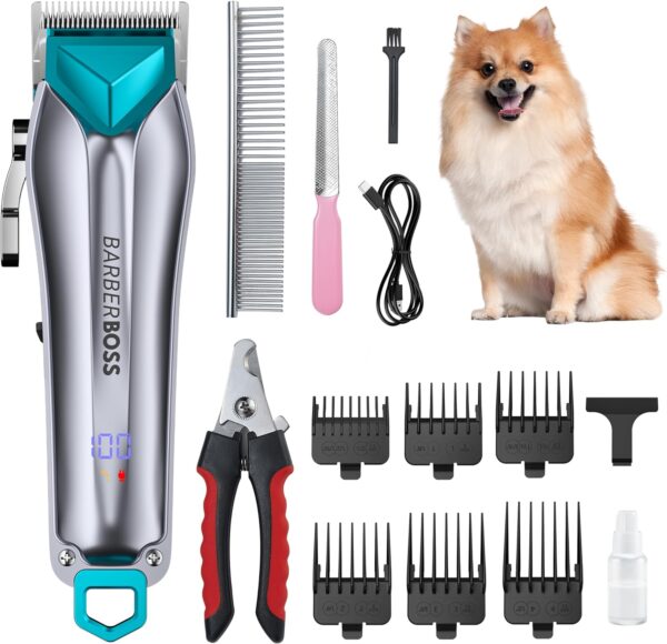 BarberBoss Dog Clippers Cordless, Dog Clippers Professional for Thick Hair, Dog Grooming Kit, Cat Clippers for Matted Fur, Pet Grooming Kit, Pet Clippers, Dog Trimmer for Grooming, Low Noise QR-9088