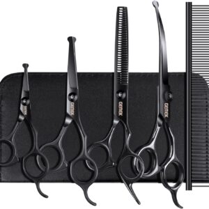 Dog Grooming Scissors Kit with Safety Round Tips, GEMEK Professional 6 in 1 Grooming Scissors for Dogs, Heavy Duty Titanium Coated Pet Grooming Scissor for Dogs, Cats and Other Animals (Black)