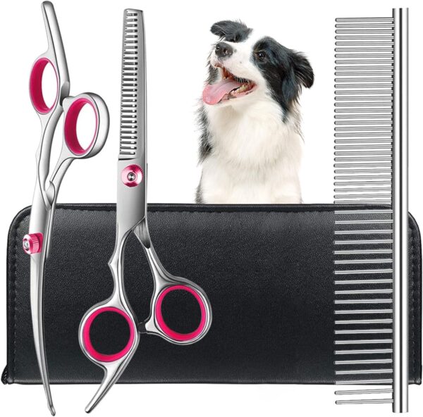 Kaket Dog Grooming Scissors, Pet Grooming Shears, Thinning Shears, Curved Scissors, Stainless Steel Pet Grooming