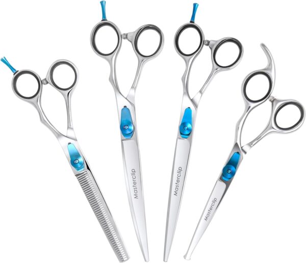 Masterclip Essentials Dog Grooming Scissors - Complete 4 Pack Professional Scissor Set for Pets – to Include Finishing, Thinning, Curved and Bull Nose Safety Scissors – Suitable for Right Handed Users