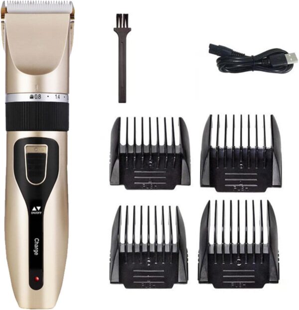 Tongdejing Dog Clippers- Electric Pet Shaver Low Noise Hair Trimmer Tool Rechargeable Dog Cat Grooming Clipper with 4 Limit Brushes for Small and Large Dogs Cats Animals(Gold)