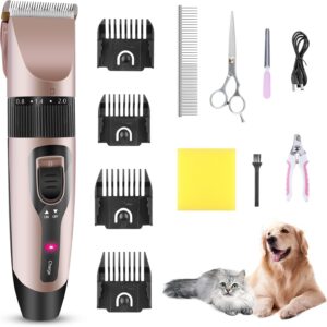 Dog Grooming Clippers Kit Ninonly Professional Pet Grooming Set Rechargeable, Cordless, Electric Pet Hair Clippers Set with 4 Combs and Cleaning Brush Nail Kits for Dogs, Cats and Other Pets Rose