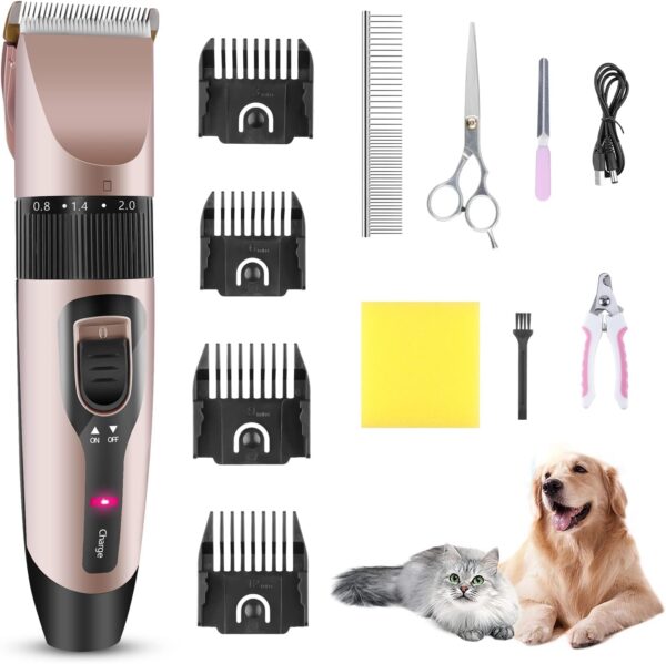 Dog Grooming Clippers Kit Ninonly Professional Pet Grooming Set Rechargeable, Cordless, Electric Pet Hair Clippers Set with 4 Combs and Cleaning Brush Nail Kits for Dogs, Cats and Other Pets Rose