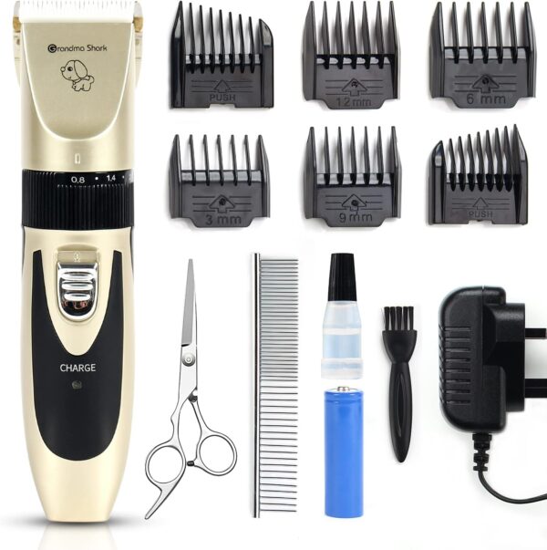 GRANDMA SHARK Professional Dog Grooming Kit, Rechargeable, Cordless, Low Noise Dog Clippers for Grooming Thick Coats - Clippers, Nail Trimmer, Complete Grooming Set for Dogs, Cats, Other Pets