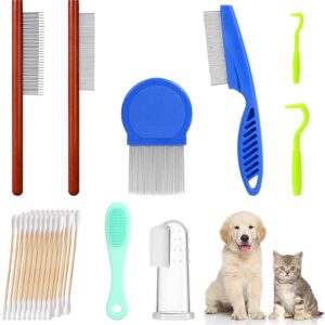 38PCS Pet Grooming Cleaning Kit, Metal Teeth Lice Flea Dematting Comb and Silicone Finger Toothbrush for Natural Care Dental Treatment, Waterproof Tick Removal Tool for Cats Dogs Kittens puppies