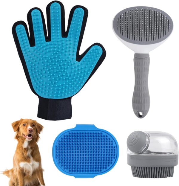 4Pcs Dog Shower Grooming Kit,Soft Silicone Pet Shampoo Massage Dispenser Grooming Shower Brush,Adjustable Soothing Rubber Brush,Self-Cleaning Slicker Comb,Gentle Deshedding Brush Glove for Cats & Dogs