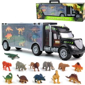 Akokie Dinosaur Toys for Boys Girls - Kids Toys Transport Carrier Truck with Dinosaur Toys Animals Toys 12 Pcs Double Side Storage Set Birthday Easter Gifts for Kids Boys Girls 3 4 5 Years Old