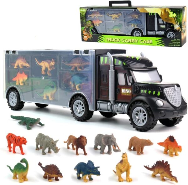 Akokie Dinosaur Toys for Boys Girls - Kids Toys Transport Carrier Truck with Dinosaur Toys Animals Toys 12 Pcs Double Side Storage Set Birthday Easter Gifts for Kids Boys Girls 3 4 5 Years Old