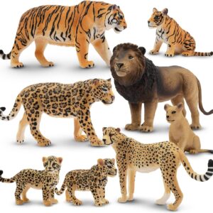 toymany 8PCS Plastic Jungle Animals Figure Playset Includes Baby Animals, Realistic Lion,Tiger,Cheetah,Jaguar Figurines with Cub, Cake Toppers Christmas Birthday Toy Gift for Kids Toddlers