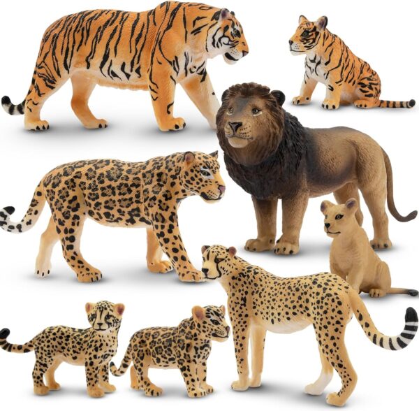 toymany 8PCS Plastic Jungle Animals Figure Playset Includes Baby Animals, Realistic Lion,Tiger,Cheetah,Jaguar Figurines with Cub, Cake Toppers Christmas Birthday Toy Gift for Kids Toddlers