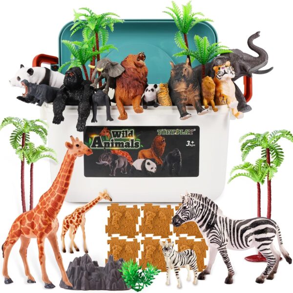 TOEY PLAY 52PCS Animal Figures Toys for Kids, Large and Small Wild Jungle Safari Animals Zoo Toy, Animal Mother and Child Set, Soil Blocks, Carry Case, Gifts for Kids Toddlers 3+ Years Old