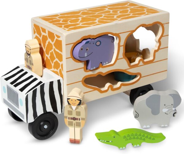 Melissa & Doug Wooden Shape Sorter Rescue Truck with Zoo & Safari Animals Toys for Kids | Wooden Puzzles for 2+ Year Olds | Montessori Toddler Wooden Animal Toys | Toddler Puzzles, Black