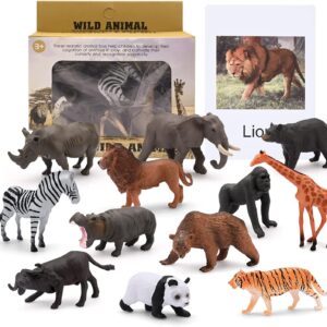 Gukasxi 12 pcs Zoo Realistic Animal Figures, 12pcs Animal Words Card, Forest Animals Figurines, Miniature Animal Cake Toppers, for Christmas Birthday Gift (Animal)