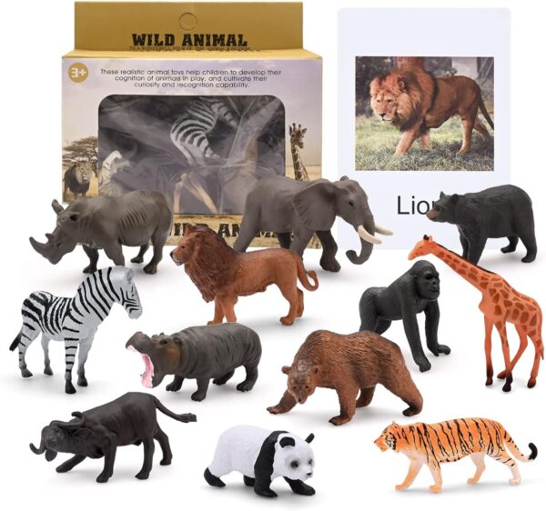 Gukasxi 12 pcs Zoo Realistic Animal Figures, 12pcs Animal Words Card, Forest Animals Figurines, Miniature Animal Cake Toppers, for Christmas Birthday Gift (Animal)