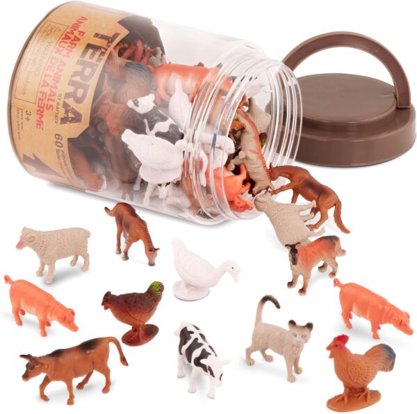 Terra by Battat - 60 Farm Animals - Assorted miniature, cows, pigs, chickens, geese, goats, cats and more, figurine for kids 3 Years + (60 Pc)