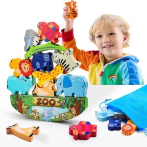 DejaNard Toys for 2-5 Year Old Girls Boys, Kids Toys Age 2 3 4 5 6 Stacking Blocks Wooden Animals Toys for 1 2 Year Olds Boys Toys Age 2-6 Year Old Boy Gifts Building Blocks Gift for 2-5 Year Old Girl