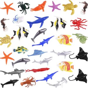 32 Pcs Mini Sea Animal Figures, Realistic Plastic Sea Creatures Toys Sea Life Figures Under The Sea Animals Toys Ocean Animals Figures Wild Animal Bath Toys Kids Animal Toys Learning for Children