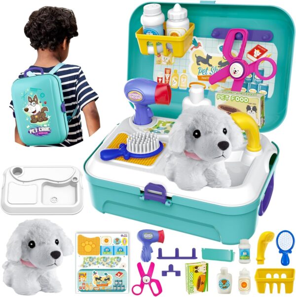 HERSITY Vet Toy Pet Care Kit Role Play Set Grooming Feeding Dog Games Backpack Toys for Kids 3 4 5 Years Old Girls Boys