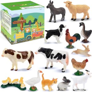 toymany 14PCS Mini Farm Animal Figures Toy, Detailed Texture Farm Figurines Cake Topper Toy Set, Easter Egg Christmas Birthday Gift Party Favor School Project for Kids Children Toddlers