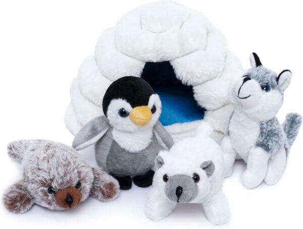 Nleio 5 Piece Baby Stuffed Animals Set with Plush Igloo, Including Seal/Husky/Polar Bear/Penguin Stuffed Animal, Plush Toys Set for Kids Babies Toddlers …