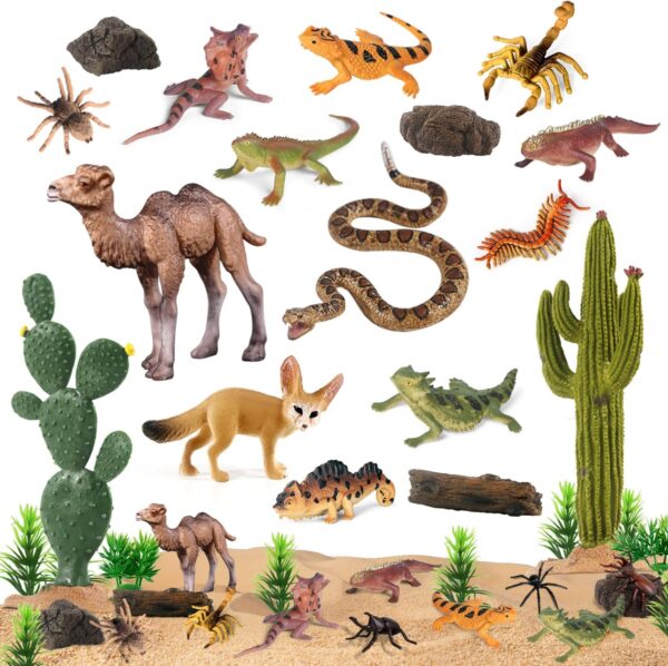 SIENON 32Pcs Desert Animal Figurines Model Trees Cactus Kit Desert Diorama Project with Camel Fennec Fox Rattlesnake Scorpion Lizard Reptile Toy Playset for Kids Birthday Cake Toppers Party Décor