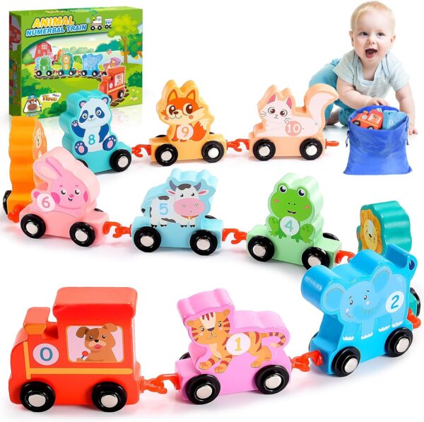 HappyKidsClub 1 2 3 4 Year Old Boy Girls Toys, Toddler Toys for 1 2 3 4 Year Old Boy Girls Gifts Farm Animals for 1 2 Year Olds Wooden Boys Toys Age 2 3 4 Animals Train Set for Kids Toys Age 2 3 4