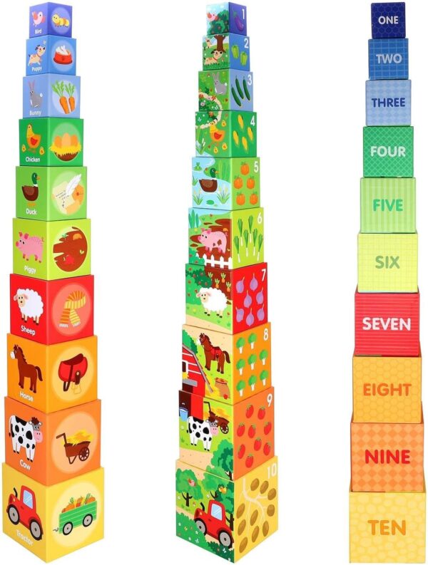 SOKA 10pcs Farm Animals Stacking Cubes Balancing Building Farm Animal Boxes Educational Developmental Montessori Learning Blocks Toy Set Gift for Kids Toddlers Children Boy Girl Ages 12 month old +