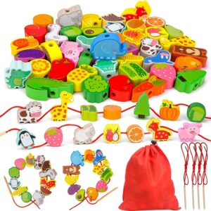 Toys for 2 Year Olds Girls Boys, Montessori Threading Toys for 2 Year Olds Toddlers Animals Fruits Vegetables String Lacing Beads Wooden Educational Toys Gifts for 2 3 4 Year Olds Kids