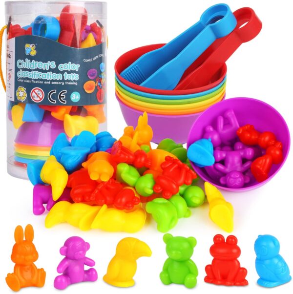 LOKIPA Rainbow Counting Animals with Color Sorting Cups, Classification and Tweezers,Sensory Training Educational Learning Toys Set Gift for Toddlers Preschool Ages 3 Years and up